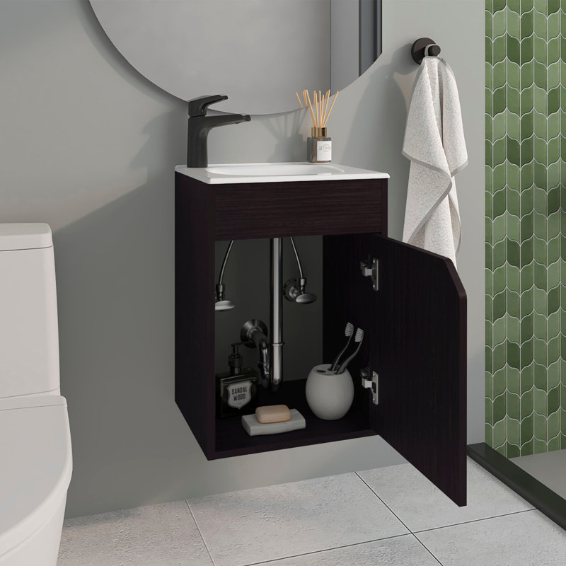 Meuble-lavabo de salle de bain avec lavabo, 1 porte, wengé noir, Noir