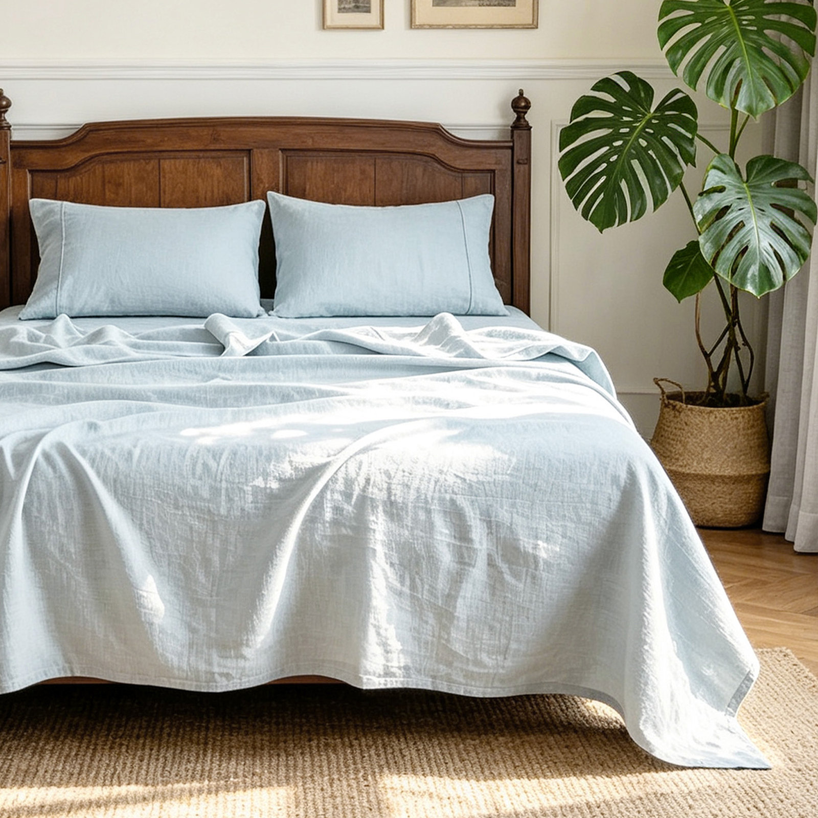 100% Flax Linen Solid Breathable Sheet Set with Pillowcases, Plein Air, King