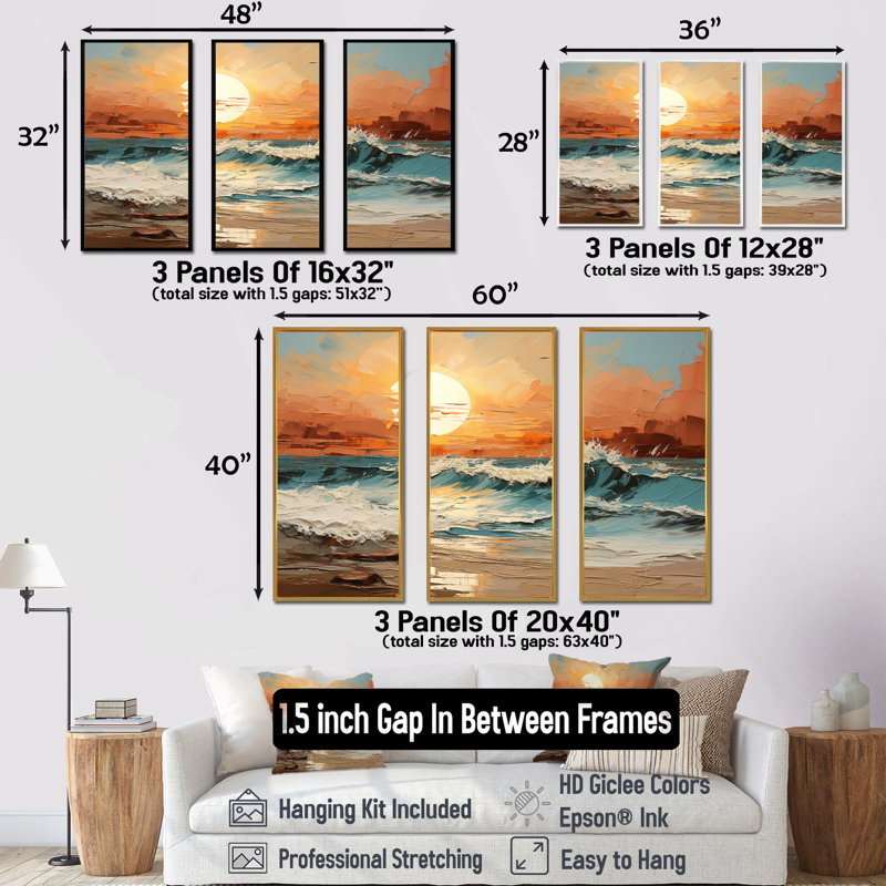 Poff - Ensemble de décoration murale coucher de soleil côtier, H 28 po x l 36 po x P 1 po, Cadre naturel flottant