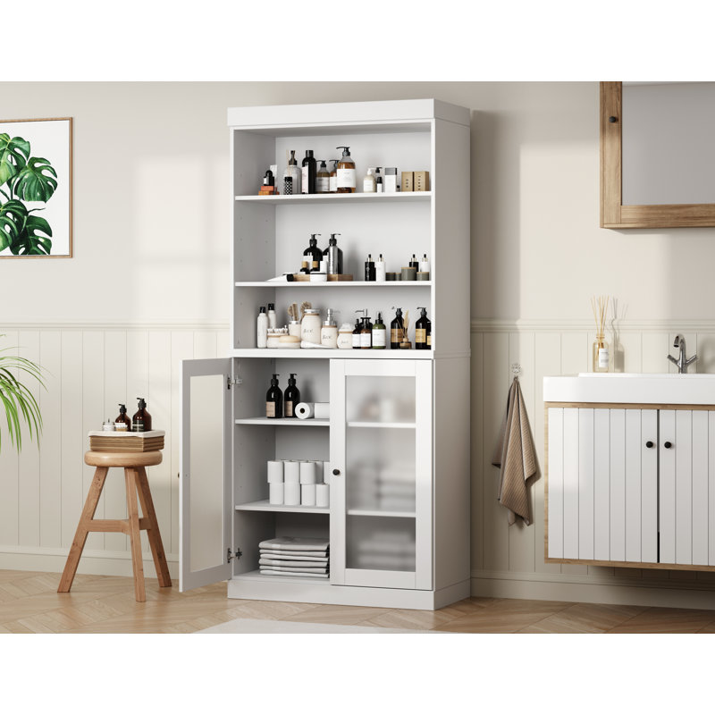 Armoire de salle de bain 100% bois massif 32 po avec portes en verre givré et tablettes réglables, Blanc