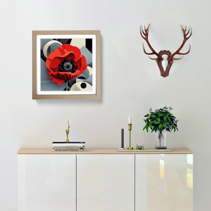 Poppy Flower Constructivism - Framed Print, Oak