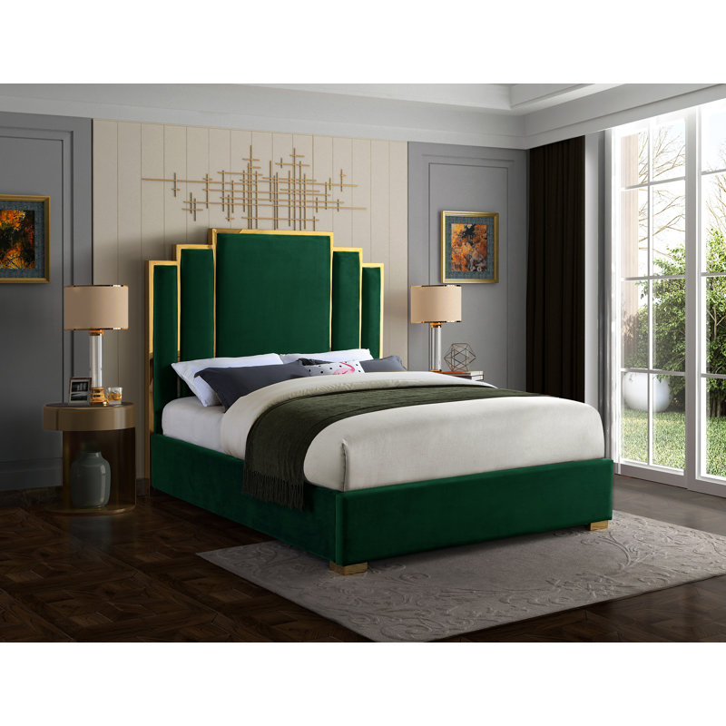 Lit plateforme tapissier Hugo, Très grand, Velours vert