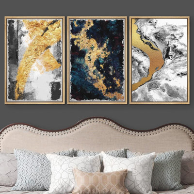 «Black and Gold Swirling Ink Collage Abstract Patterns Modern Art Mid-Century Modern on Canvas», reproduction de 3 pièces