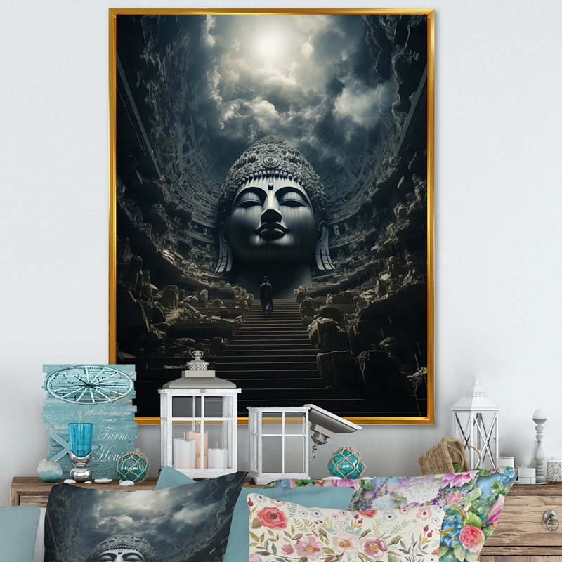 Lexandra " Hinduisim Celestial Pathway ", 44" H x 34" W x 1.5" D, Gold Floater Framed