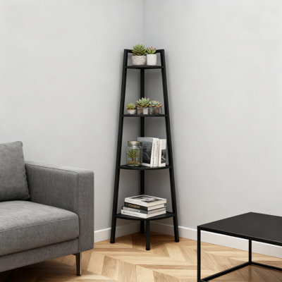 Étagère d'angle à 4 niveaux, bibliothèque échelle industrielle avec cadre en métal pour le salon, la chambre à coucher, le bureau personnel et le petit espace de rangement
