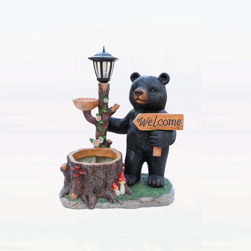 Decorative Standing Black Bear Garden Planter with Solar-Powered Lantern - Polyresin Figurine for Outdoor Decor