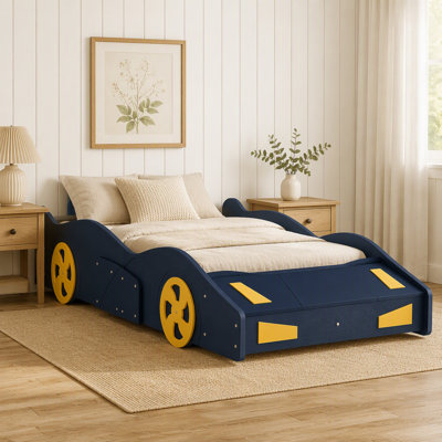 Lit plateforme simple en forme de voiture de course avec roues et rangement