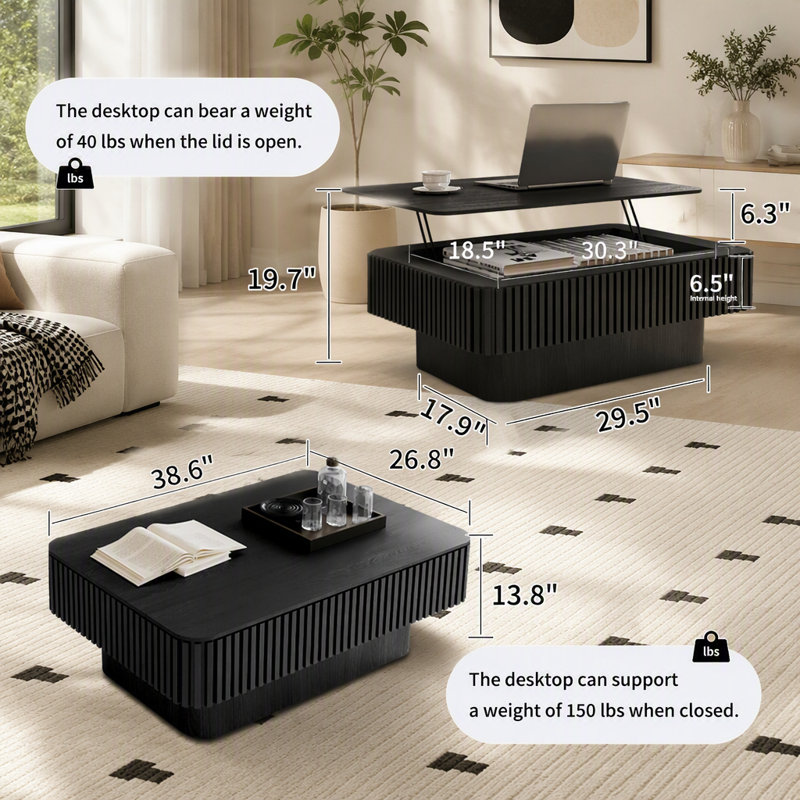 Table basse relevable cannelée avec rangement, 82,5 lb, Black