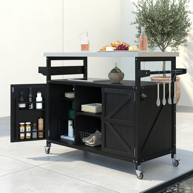 Îlot de cuisine extérieur en bois avec plateau en acier inoxydable et porte-épices