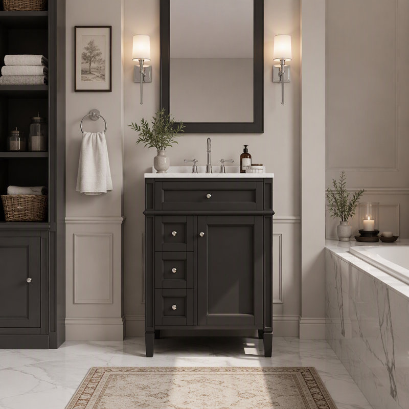 Meuble-lavabo 24 po avec lavabo supérieur, meuble-lavabo moderne avec 2 tiroirs et un tiroir basculant, meuble-lavabo simple