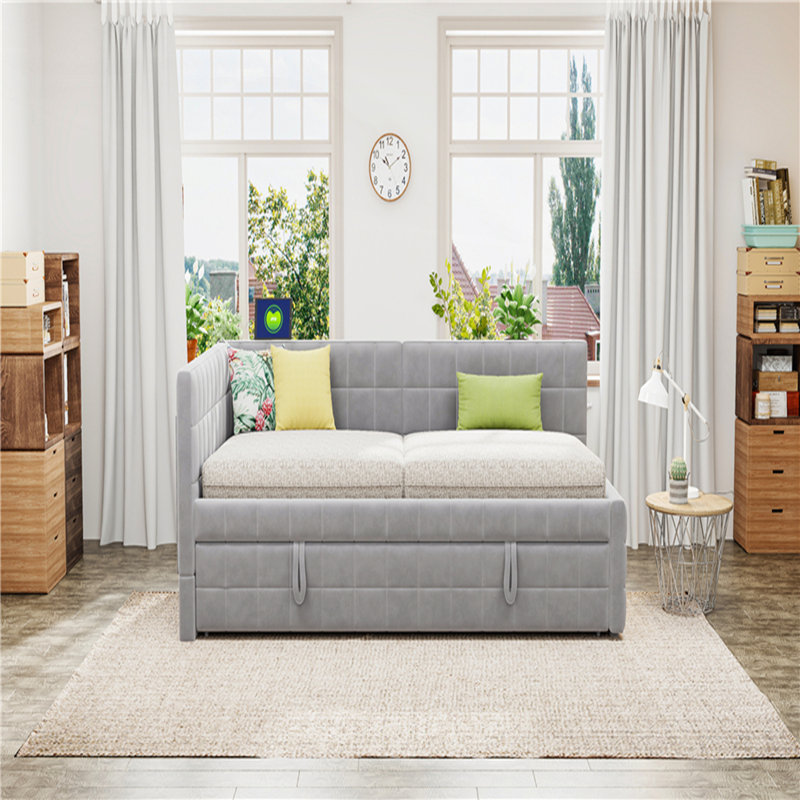 Lit de jour en L pleine grandeur avec lit gigogne escamotable et ports USB, gris, Gris