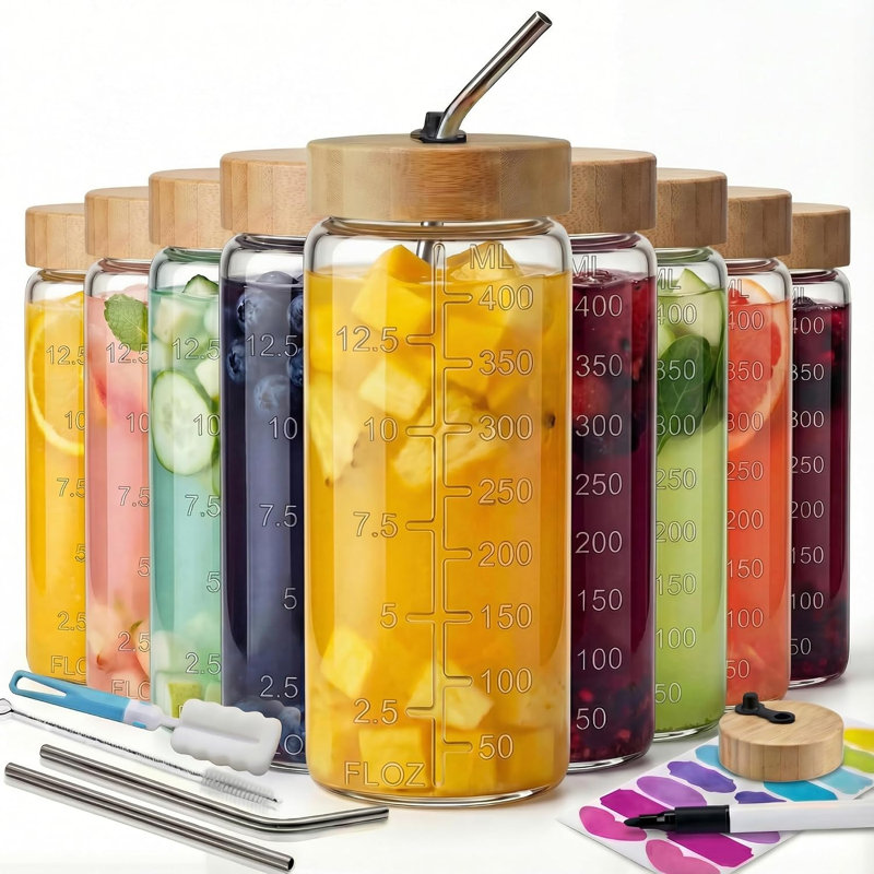 Bouteilles à jus rondes en verre de 473 ml (16 oz) avec couvercles hermétiques en bambou, réutilisables, ensemble de 9

Bouteilles en verre