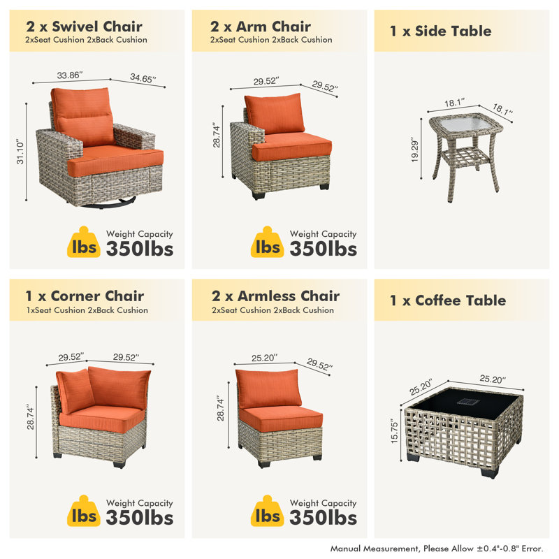 Ensemble de conversation d'extérieur en rotin pour 7 personnes avec chaises berçantes pivotantes, Orange-rouge