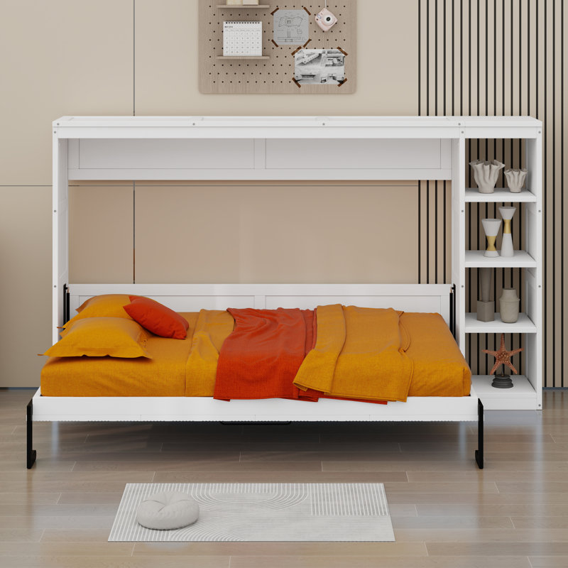 Lit armoire en bois avec bibliothèque, Lit double, Blanc