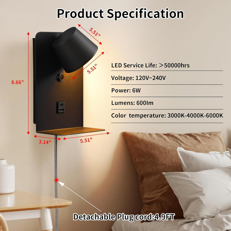 Modern Led Plug In Wall Sconce, Dimmable Wall Light Fixtures With Shelf And Usb Port, 6w,600lm, Rotatable Small Reading Wall Lamp For Bedroom