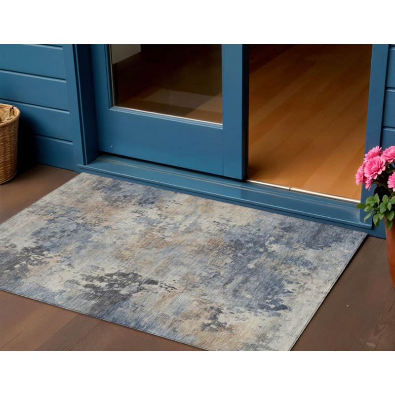 Tapis extérieur lavable abstrait bleu denim et gris anthracite 3 pi x 5 pi