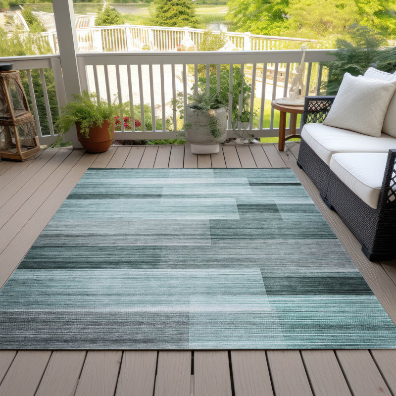 Tapis bleu sarcelle lavable à la machine intérieur / extérieur Xhevrie, Rectangle 10 pi x 14 pi