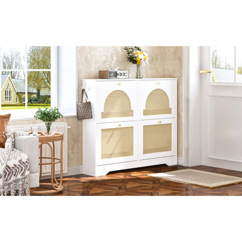 White Mid - Century Shoe Cabinet With 4 Flip Drawers, 2 Hooks For Hanging Key , Freestanding In Hallway, Tip Device, Felt Pads On Base, Keeps Entryway Area Clean Narrow Design Organizer Doors, Small