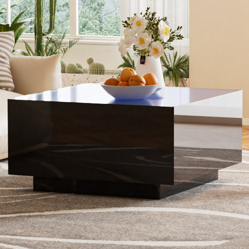 Table basse carrée ultrabrillante carrée avec 16 lumières à DEL de couleur, table centrale avec plateau en verre trempé givré de 5 mm pour le salon