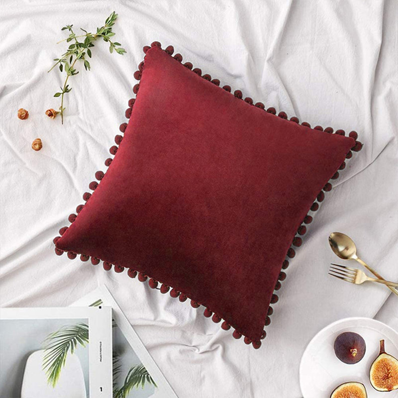 (Couvertures seulement) Ensemble de 2 housses de coussin 2 tailles Pom-Poms, H 20 po x l 20 po, Rouge vin