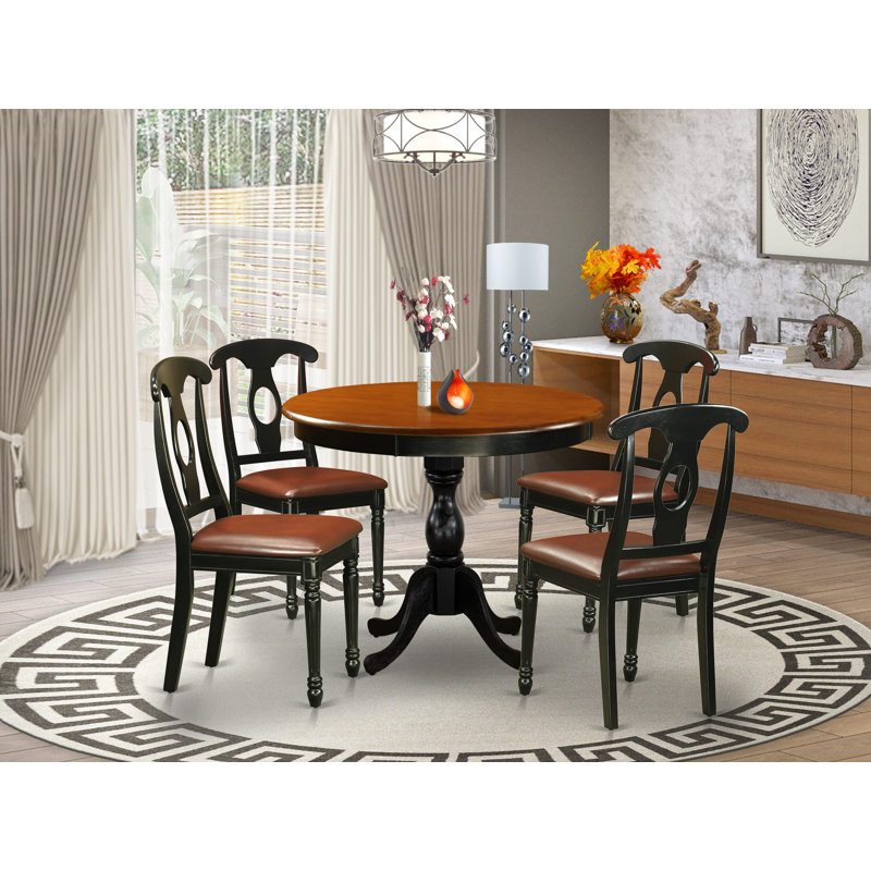 5-Piece Dining Set Includes a Dining Table and 4 faux Leather Kitchen Chairs with Napoleon Back- Black Finish, Black/Cherry