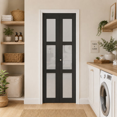 Porte pliante en verre givré noir 3-Lite, porte pliante en bois manufacturé massif, porte pliante intérieure avec ensemble de quincaillerie pour garde-robe, garde-manger, salle de bain, salle de lavage 30 po x 80 po