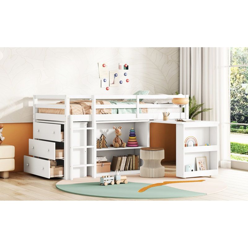 Lit mezzanine simple en bois d'hévéa blanc avec rangement et bureau, Blanc