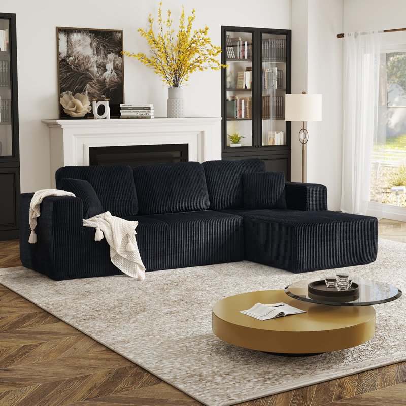 Modern Overstuffed Compression Boneless Corduroy L-Shaped Sectional Sofa With Chaise For Living Room - No Need Assembly