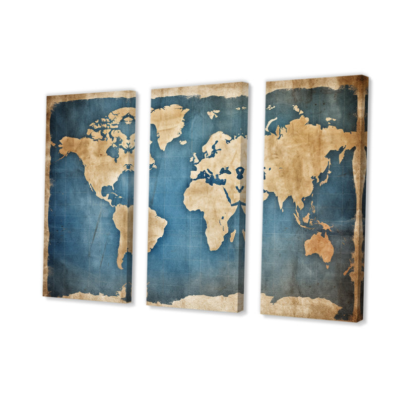 " Ancient Map Of The World III " 3 - Pieces, 28" H x 36" W x 1" D