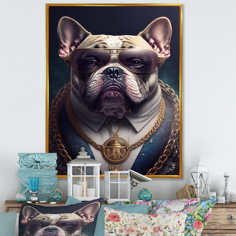 Mafia Frenchie I - Impression sur toile, H 20 po x l 12 po x P 1 po, Toile avec cadre flottant or