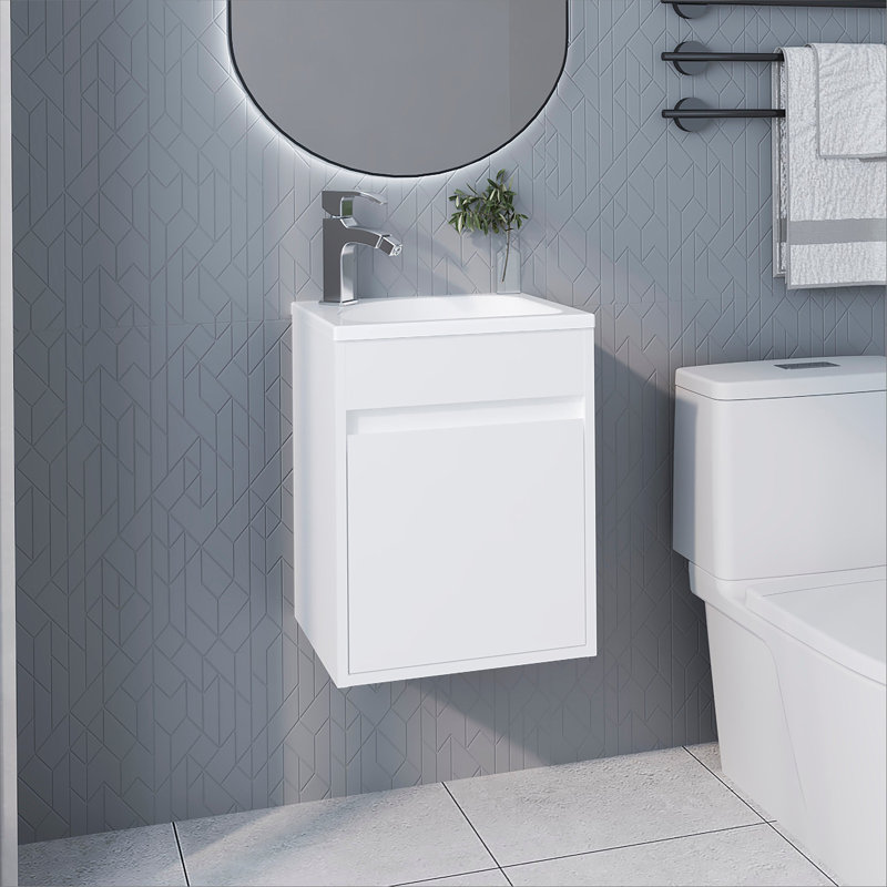 Meuble-lavabo flottant blanc avec lavabo et 1 porte, Blanc