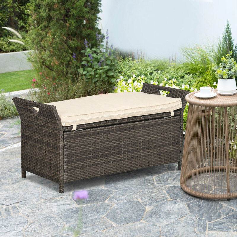 27 Gallon Patio Wicker Storage Bench, Outdoor Rattan Patio Furniture, 2-In-1 Large Capacity Rectangle Garden Storage Box with Handles and Cushion, Cream White