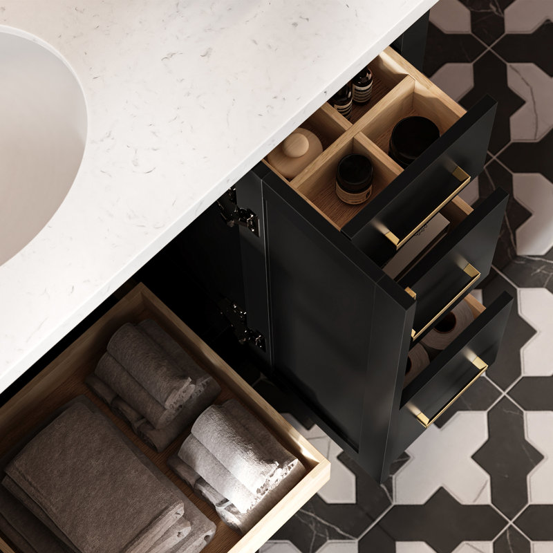 Meuble-lavabo ovale simple de 122 cm (48 po) avec comptoir en quartz blanc de Carrare de 3,8 cm (1,5 po) d'épaisseur, finition noire.