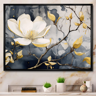 Yellow Grey Magnolias Nature Elegance III - Floral Canvas Wall Art