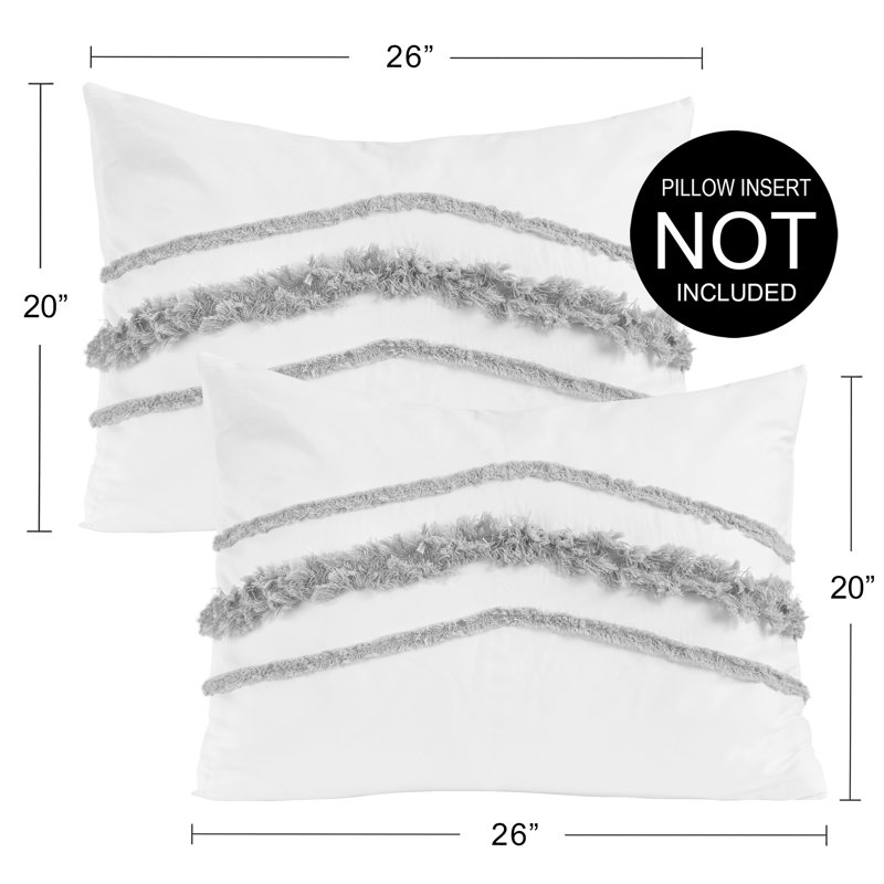 Boho Fringe White and Grey Tufted Pillow Shams - 2 Pack Set by Sweet Jojo Designs, White/Gray