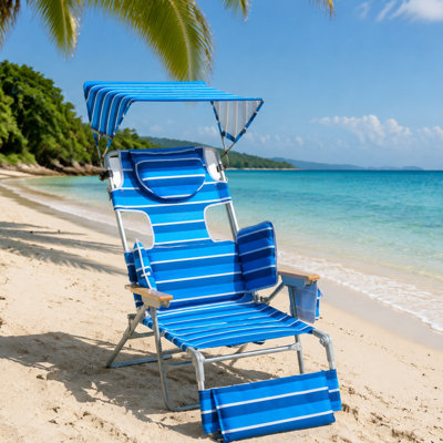 Oversized Folding Backpack Beach Chair With Adjustable Canopy Shade, 5-Position Face Opening Tanning Lounger & Cup Holder, Portable Outdoor Beach Chair, Navy