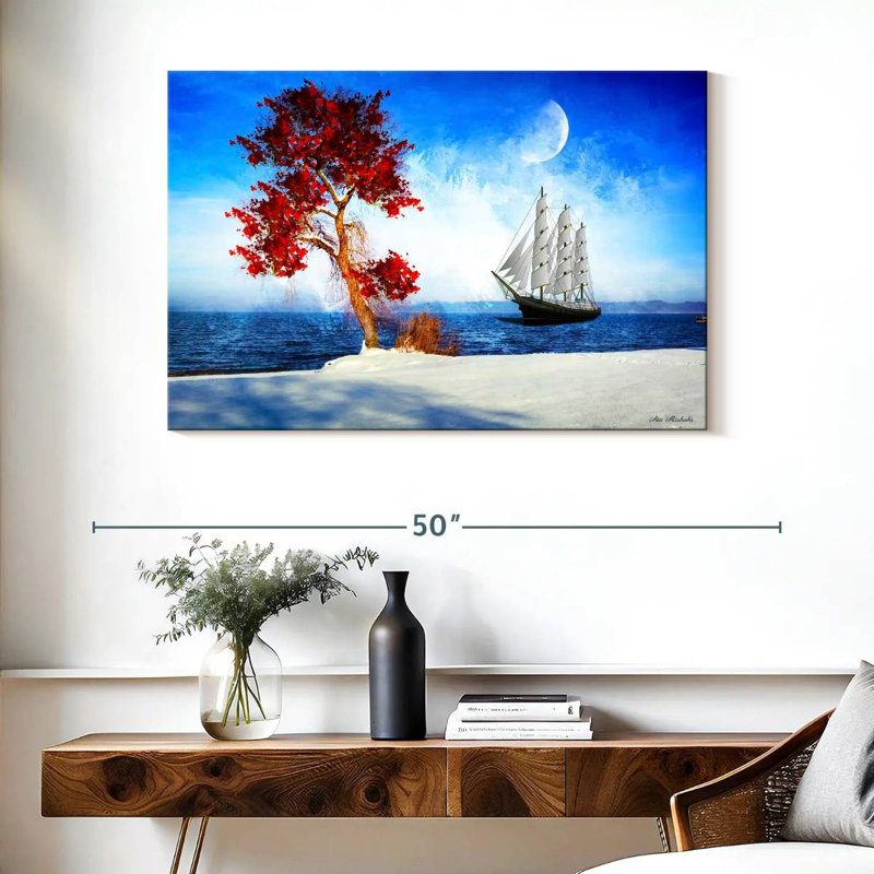 Arbre rouge Mehar et bateau, H 26 po x l 39 po