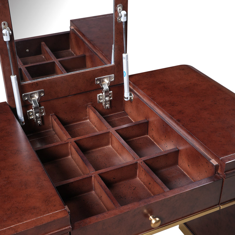 Bureau de coiffeuse avec miroir rabattable et rangement caché, Brun