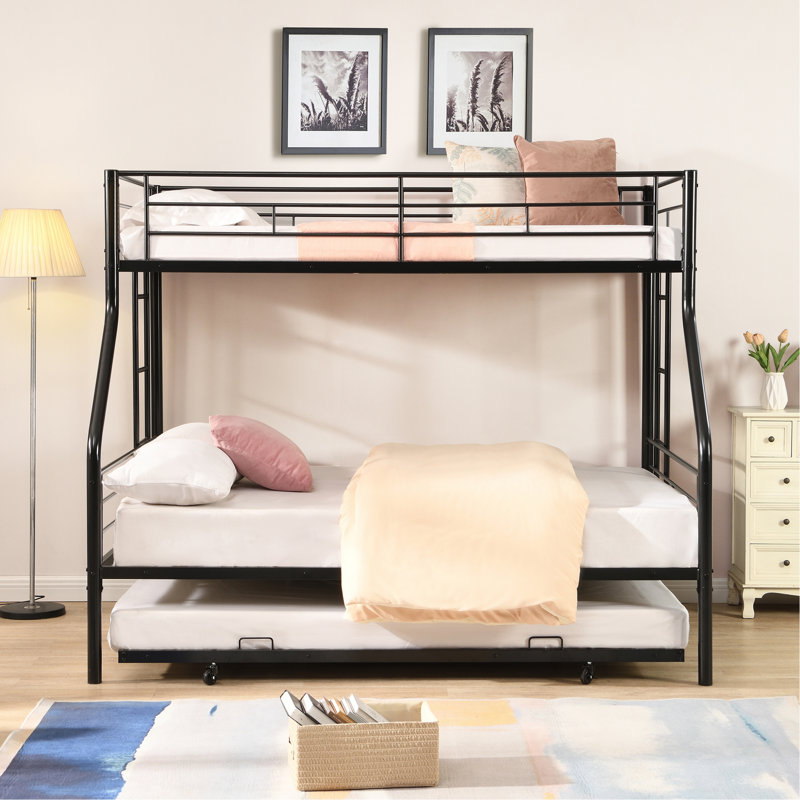 Lit simple superposé au dessus d'un lit double avec lit gigogne en métal, aucun sommier requis, assemblage facile