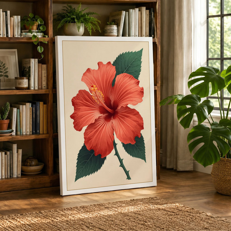 Coral Hibiscus Study Botanical - Wrapped Canvas, 24x16 - 61.0 x 40.6 cm, Ochre Border