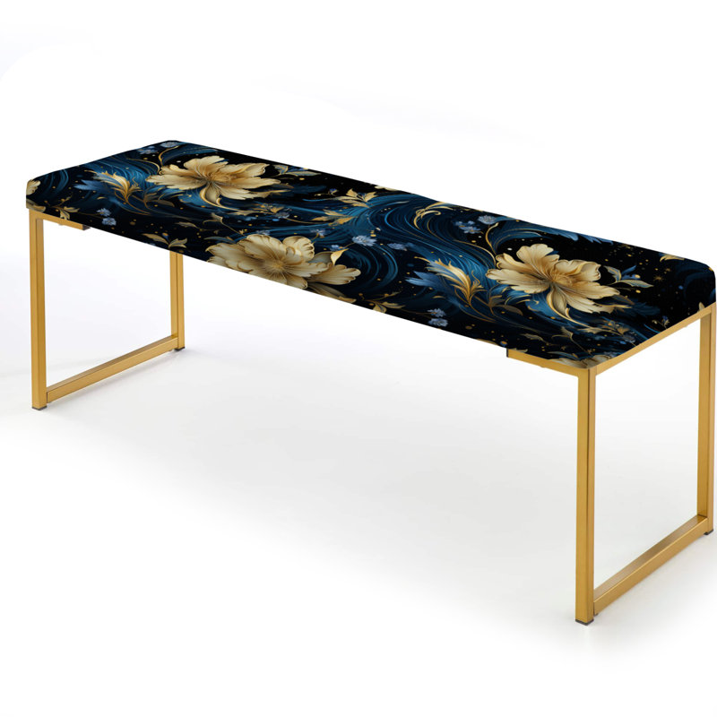 Blue And Yellow Cosmic Damask Whirls II - Damask Upholstered Gold Bench