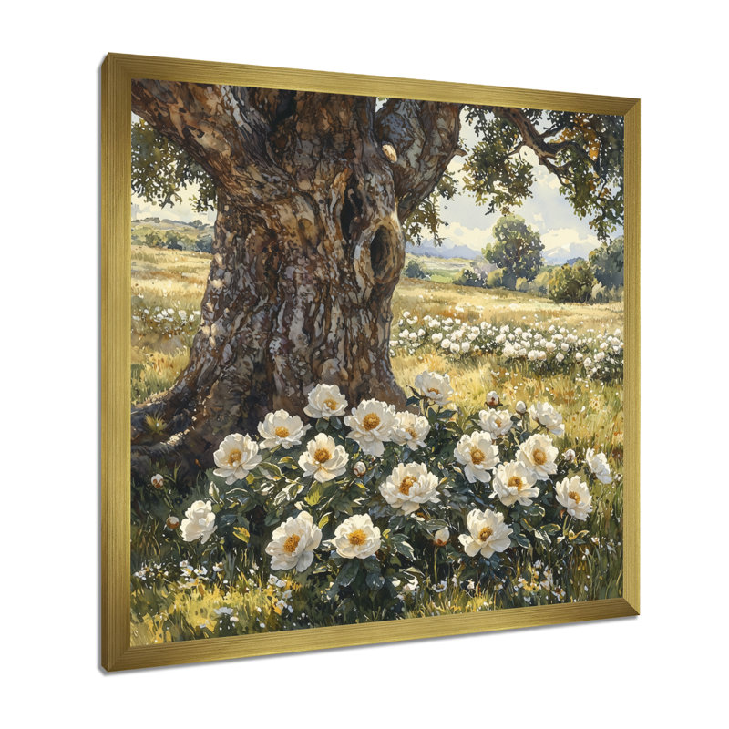 Pivoines près du vieux chêne II - pivoines, art mural, H 30 po x l 30 po, Picture Framed Print, Doré