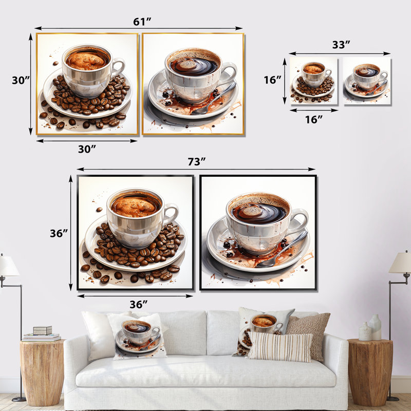 «Brown Coffee Cup Temptation I», ensemble de 2 impressions murales café, H 36 po x l 73 po x P 1,5 po, Cadre flottant brun