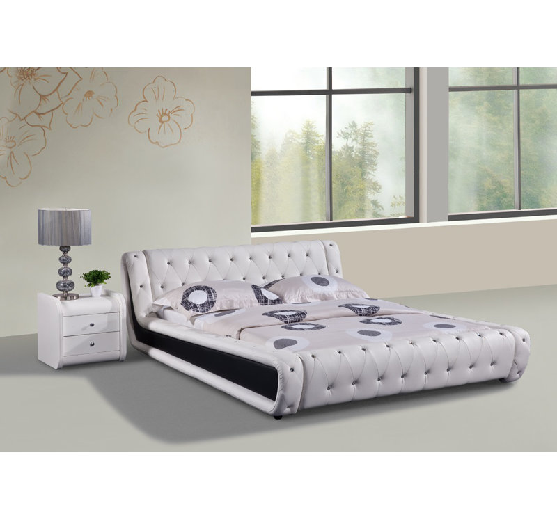Malikaih Vegan Leather Platform Bed, California King, White and Black
