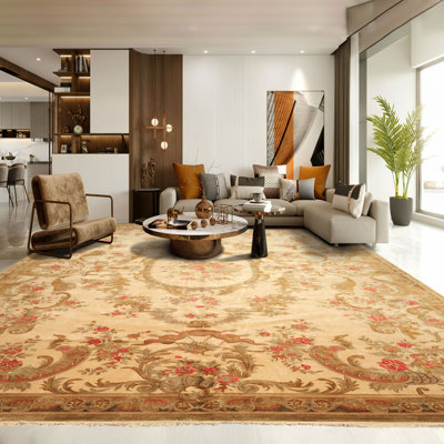 Tapis traditionnel brun clair en laine et en soie noué à la main 10 pi 6 po x 16 pi 200 KPSI