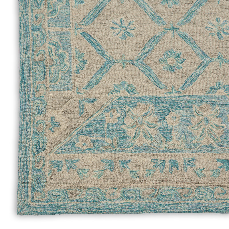 Velan Floral Handmade Looped Wool Ocean Blue/Beige Area Rug, Rectangle 8' x 11'