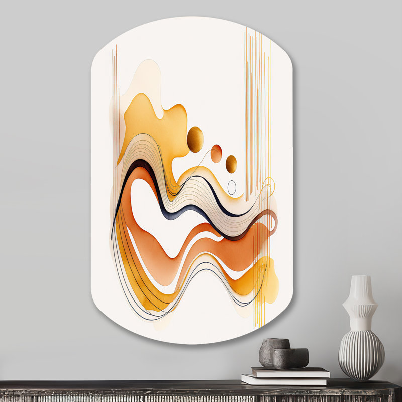 «Burnt Orange Waves Abstract III - Minimalisme, art mural asymétrique en métal, impression sur cylindre moderne