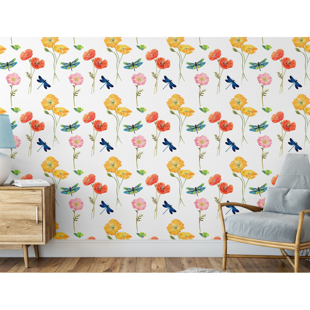 Poppies & Dragonflies Peel & Stick Wallpaper Roll 20.5 inch Wide x 18 ft. Long, Yellow Orange Red Barrel Studio®