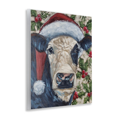 «Cow with Festive Holly», art mural sur bois