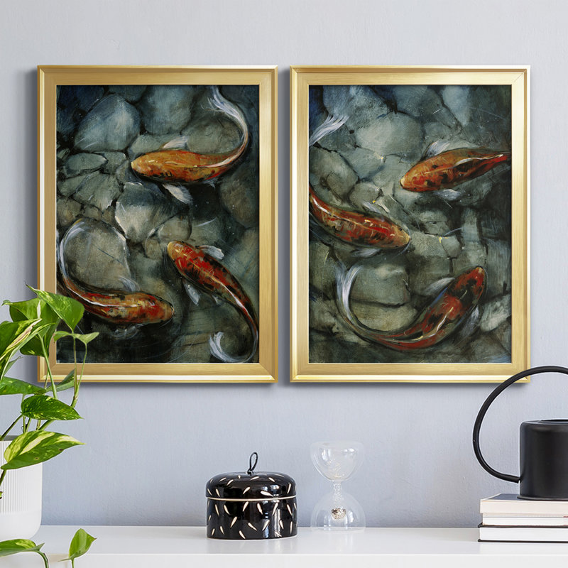 Tres Koi I, reproduction encadrée de qualité supérieure - prête à être accrochée, Or, H 36,5 po x l 53 po x P 1 po